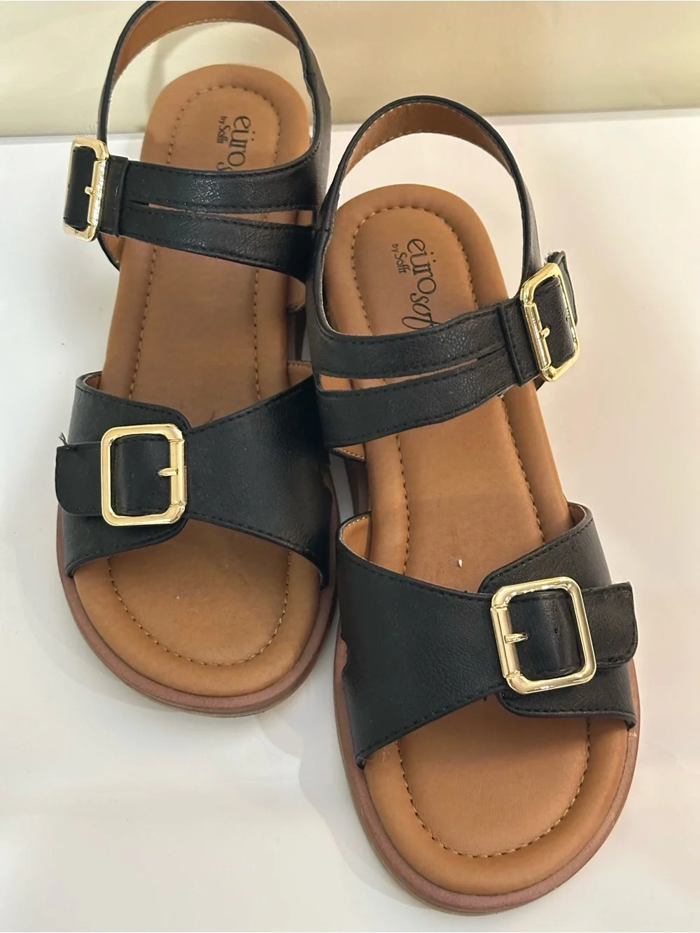 Black Buckle Comfort Wedge Sandals